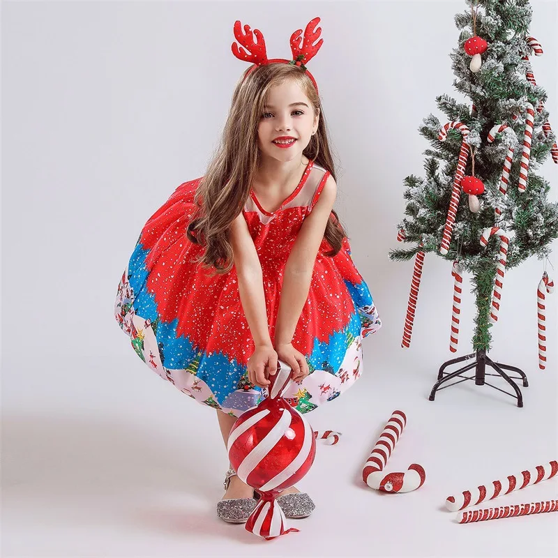 

Christmas Dresses for Girls Red Dress Santa Claus Printed Patterns New Year Party Girl Dress Princess Headband Navidad Natal