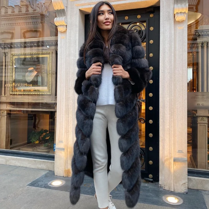 

2021 New Luxury Woman Coat Sable color Long Sleeve Warm Overcoat Women 130cm Long Coats Real fox fur and Ecological Furs