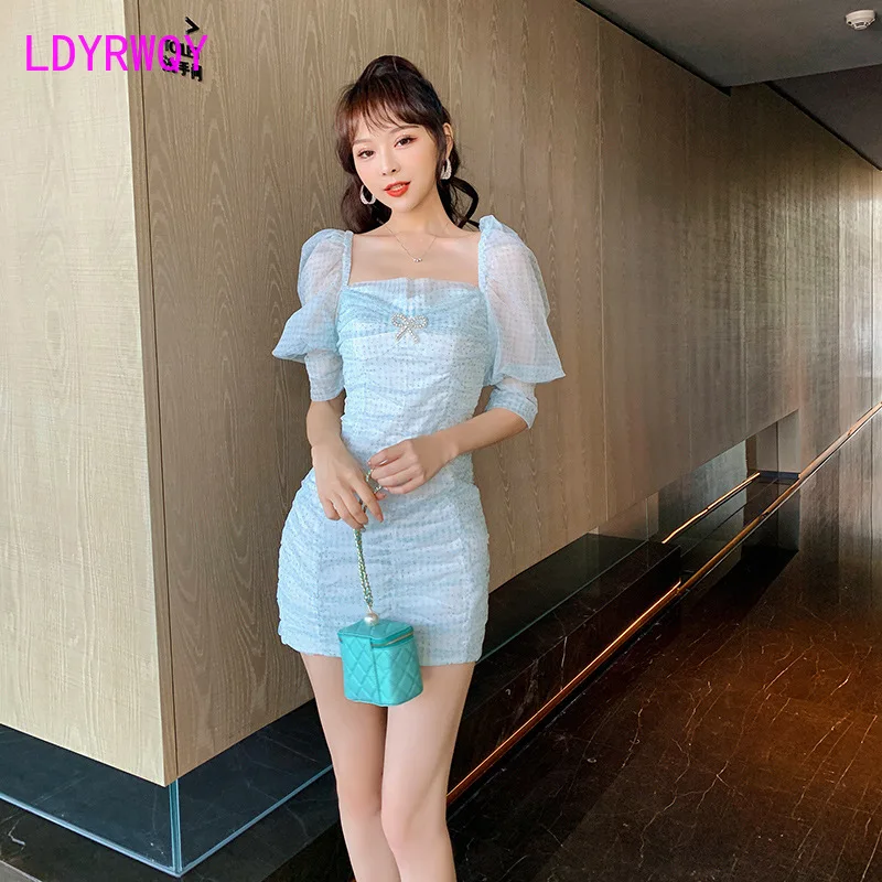 

LDYRWQY 2021 summer new women's design bowknot net yarn dress French waist bag hip Office Lady Knee-Length