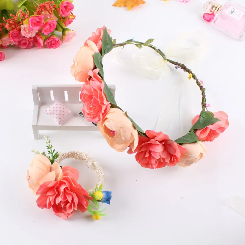 

Wedding Flower Crown Bridal Headband Floral Hair Wreath with Ribbon Maternity Girl Headwear Hair Accessories For Women