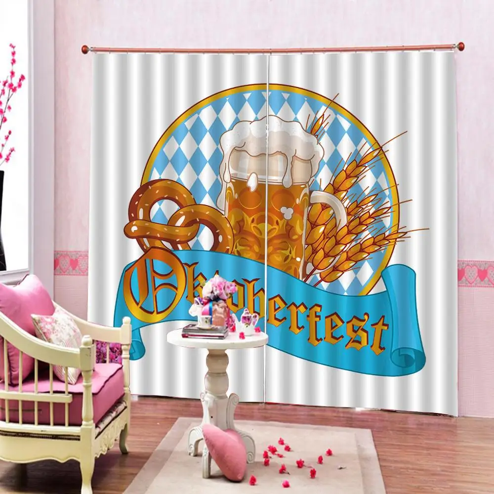 Custom Funky Oktoberfest 3D Curtains Collection Circle Shape Frame with Beer Pretzel Wheatears German Culture Cheerful Drapes | Дом и сад