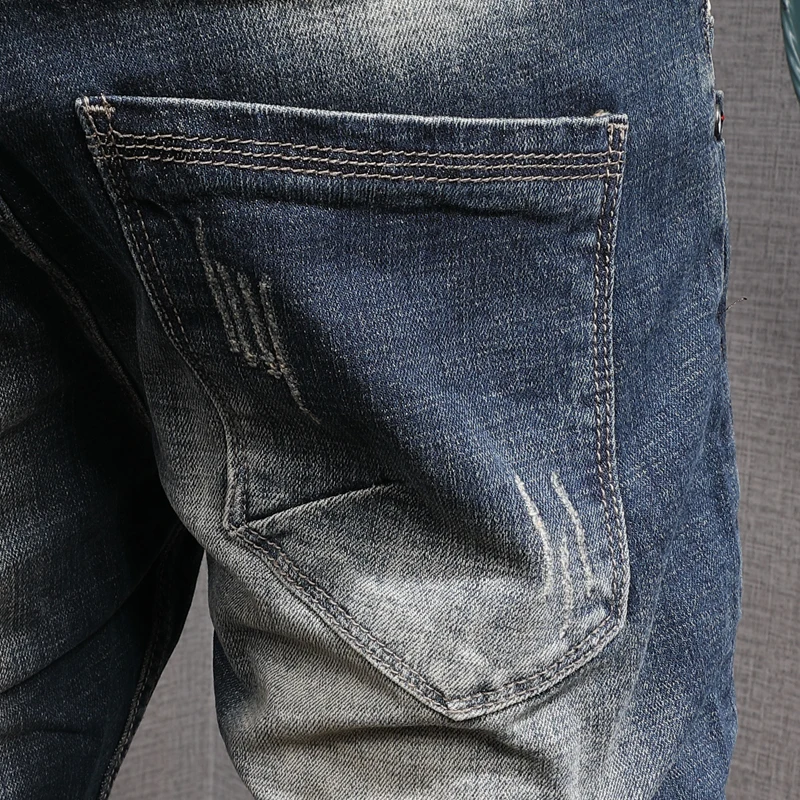 European American Street Fashion Men Jeans Retro Dark Blue Embroidery Designer Ripped Jeans Men Patches Hip Hop Denim Punk Pants