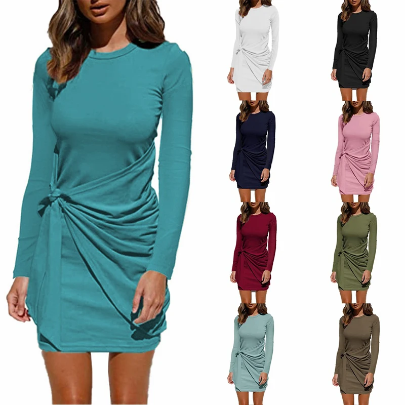 

2021 Spring Autumn Female O Neck Sexy Long Sleeve Dresses Casual Slim Fashion Elegant Solid Color Vestidos Ladies Women Clothes