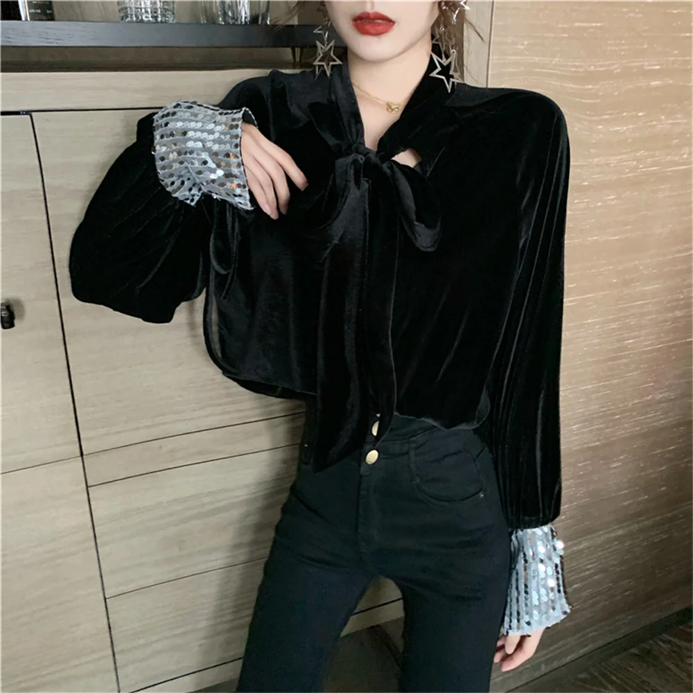 

HziriP Retro Velvet Chic Bow Femme Shirts Lantern Sleeve Slim Casual All Match 2021 Elegant Stylish Mujer Loose Warm OL Tops