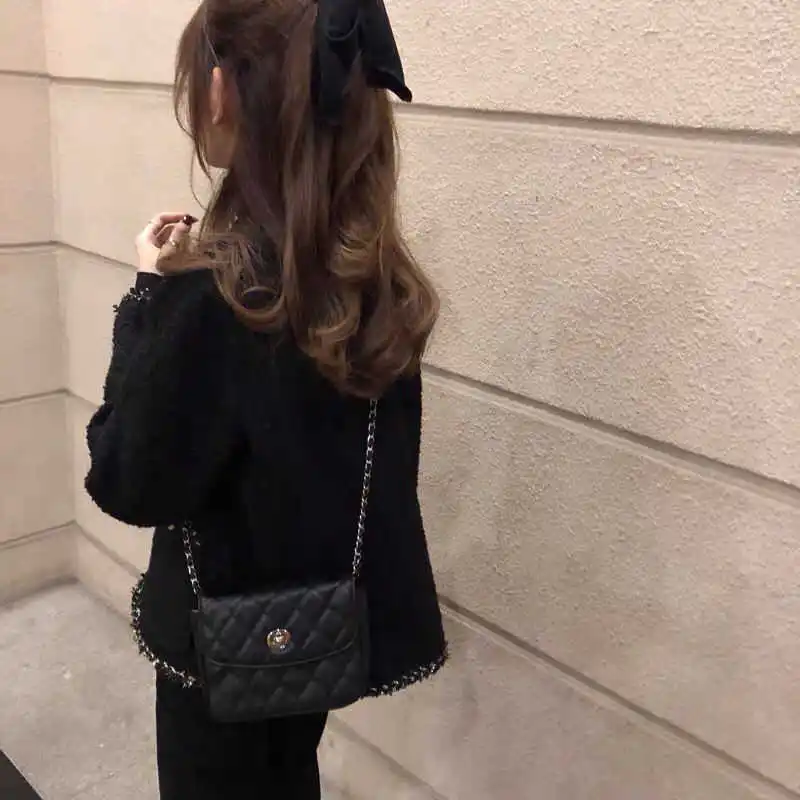 Корейская женская черная твидовая куртка пальто верхняя одежда стиль канала