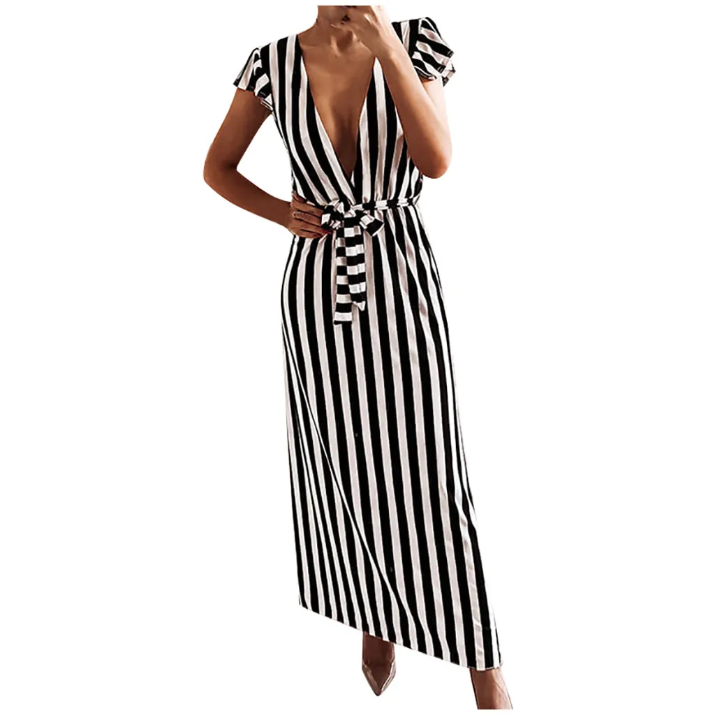 Summer Sexy Deep V-Neck Womens Maxi Dress Bandage Short Sleeve Stripe Print Casual Long Elegant Party Beach Female | Женская одежда