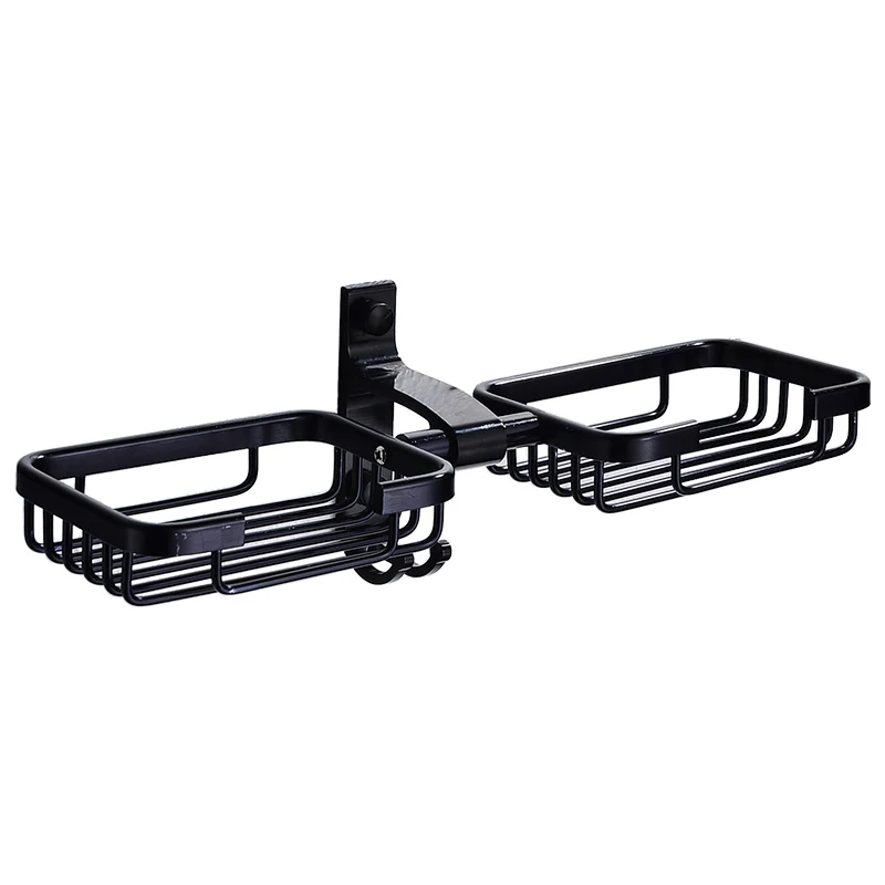

Wall Mounted Bathroom Black Space Aluminum Soap Shelf Double Dish Holder Shower Decorative Soap Dishes Box Basket Square WJ814