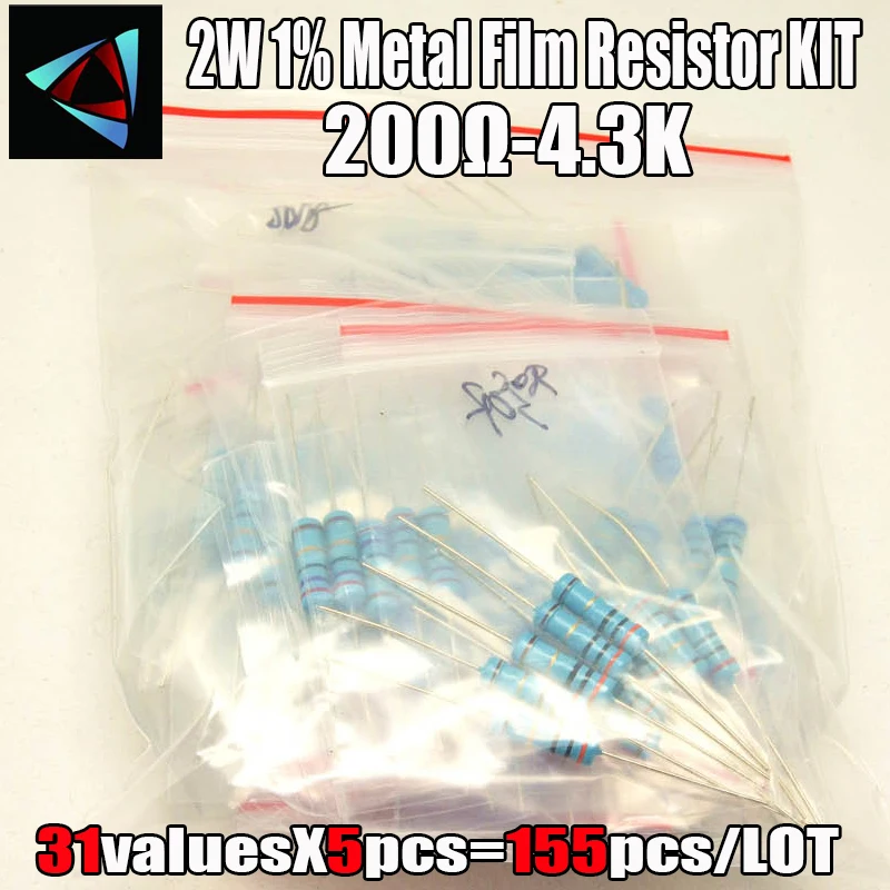 

155Pcs 200-4.3K Ohm 2W 1% 31ValuesX5Pcs Metal Film Resistor Assorted Kit