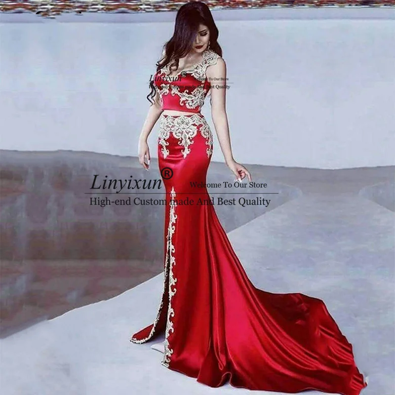 

Two Piece Mermaid Prom Dresses 2021 V-Neck Appliques Court Train Satin Dubai Split Party Dress Arabic Evening Gown abendkleider