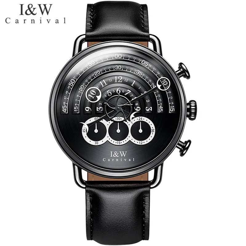 CARNIVAL Brand Fashion Watch Man Luxury Waterproof Leather Black Sapphire Chronograph Sport Quartz Wristwatch Relogio Masculino