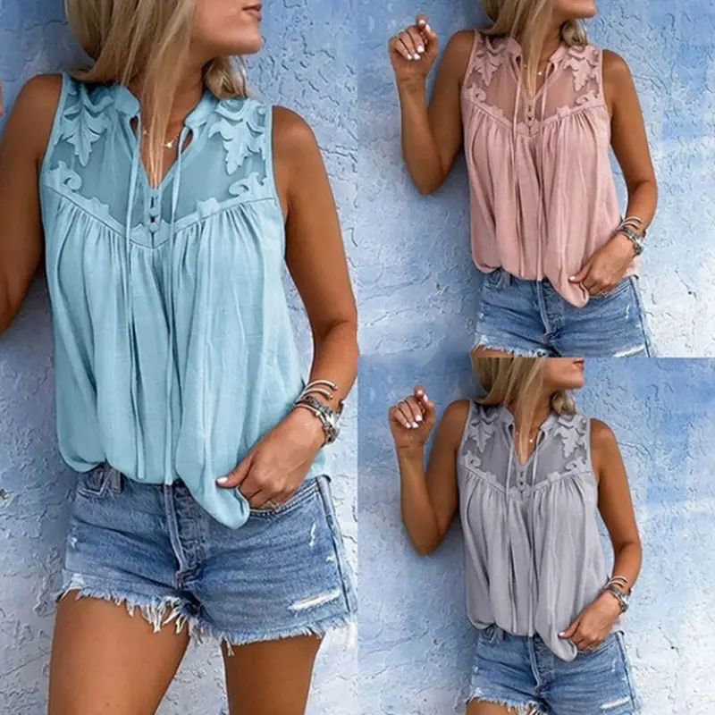 

Fashion Blouses Women Casual Hollow Out V-neck Chiffon Shirt Sleeveless Stitching Lace Shirt Plus Size Summer Tops Streetwear