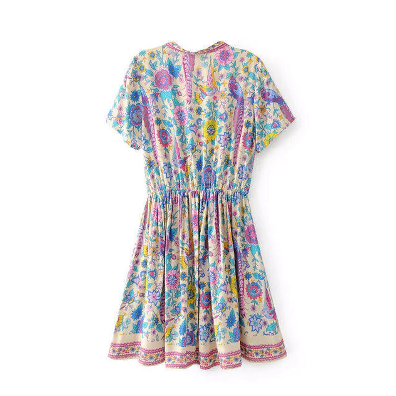 

Summer Vintage Birds Floral Print Casual Boho Mini Dress 2021 Women V-Neck Short Sleeve Beach Dresses Vestidos Mujer