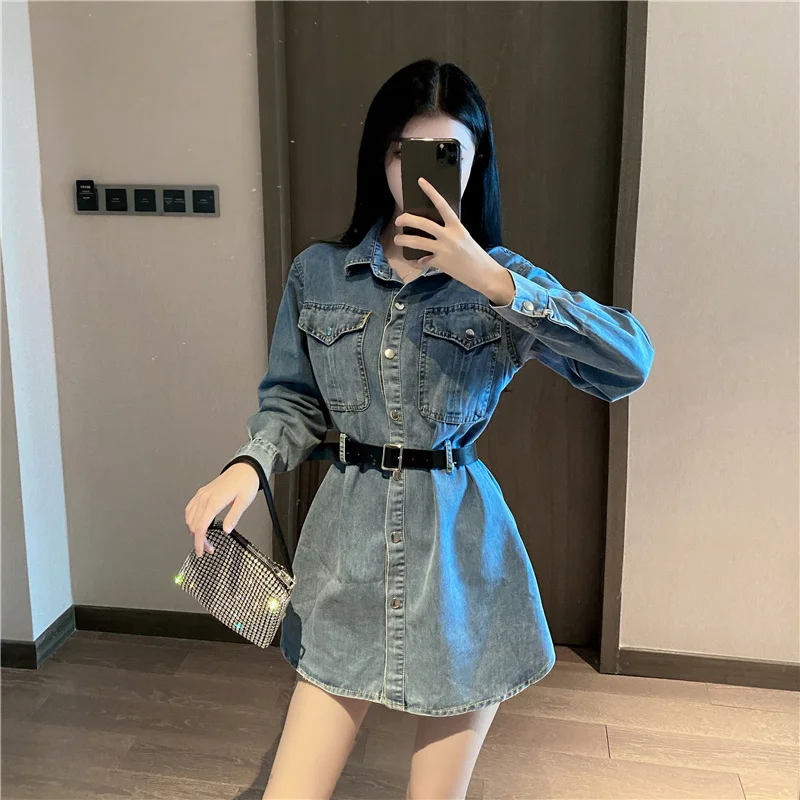

Denim Skirt Women Style Younger Korean Style 2021 Autumn Style Lapel Single Breasted Mid-Length