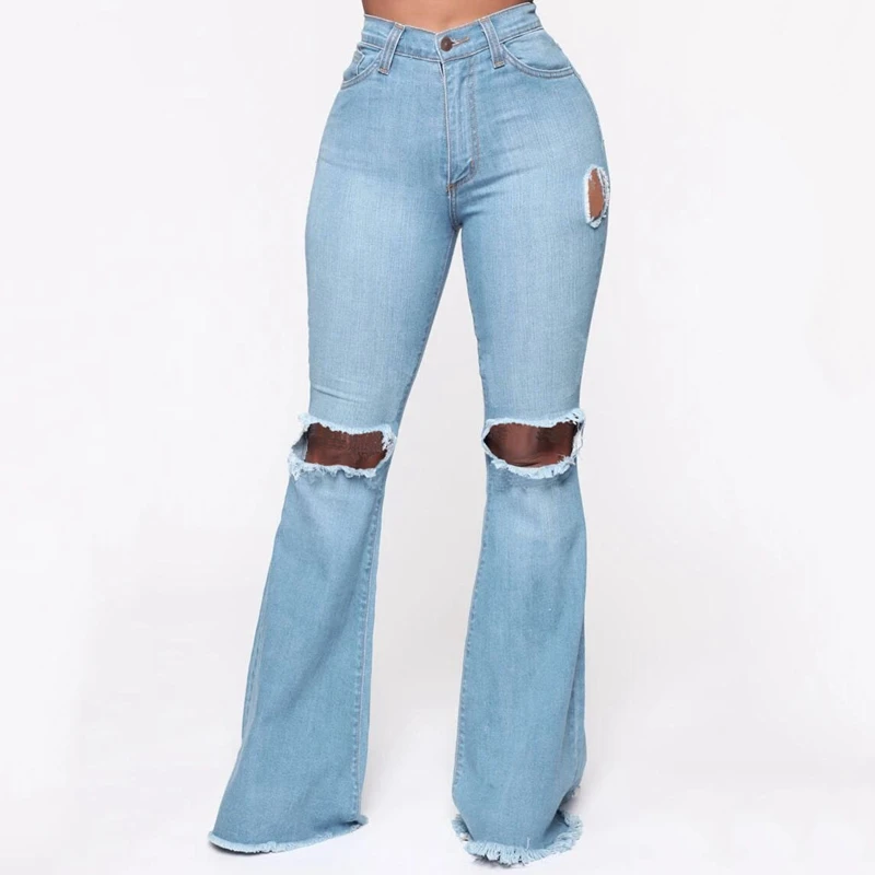 

Jeans for Women Hole Button Zipper Pocket Jeans Casual Denim Flare Wide Leg Slim Hollow Long Pants S