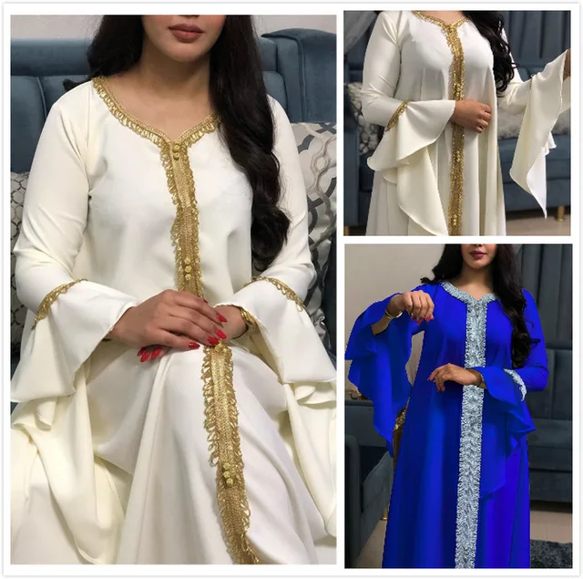 Jalabiya Kaftan Dress For Women Dubai Turkey Golden Ribbon Embroidery Loose Muslim Arabic Islamic Clothing White 2021 1