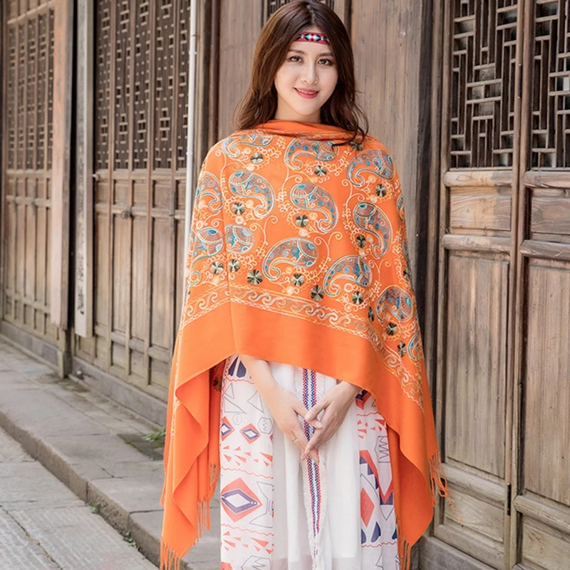 Модный платок желтого цвета с вышивкой цветов зимний пашмина кашемировый шарф для женщин с теплыми кистями на большом размере Шаль.