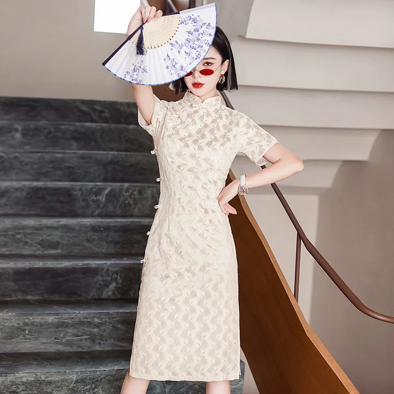 

Chinese Vintage Short Sleeve Mandarin Collar Cheongsam Sexy High Split Qipao Traditional Clothing For Women Plus Size S-3XL