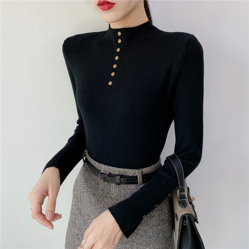 

2021 Spring Winter Thick Sweater Women Knitted Ribbed Pullover Sweater Mock Neck Metal Buttons Slim Jumper Soft Warm Pull Femme