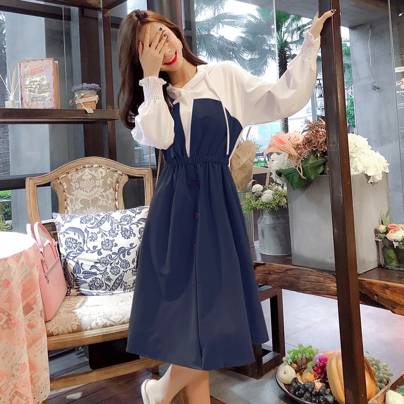 

Women Spring Autumn Patchwork Hoodies Midi Dress Casual High Waist Single Breasted Vestido Femme Elegant Long Sleeve A-Line Robe