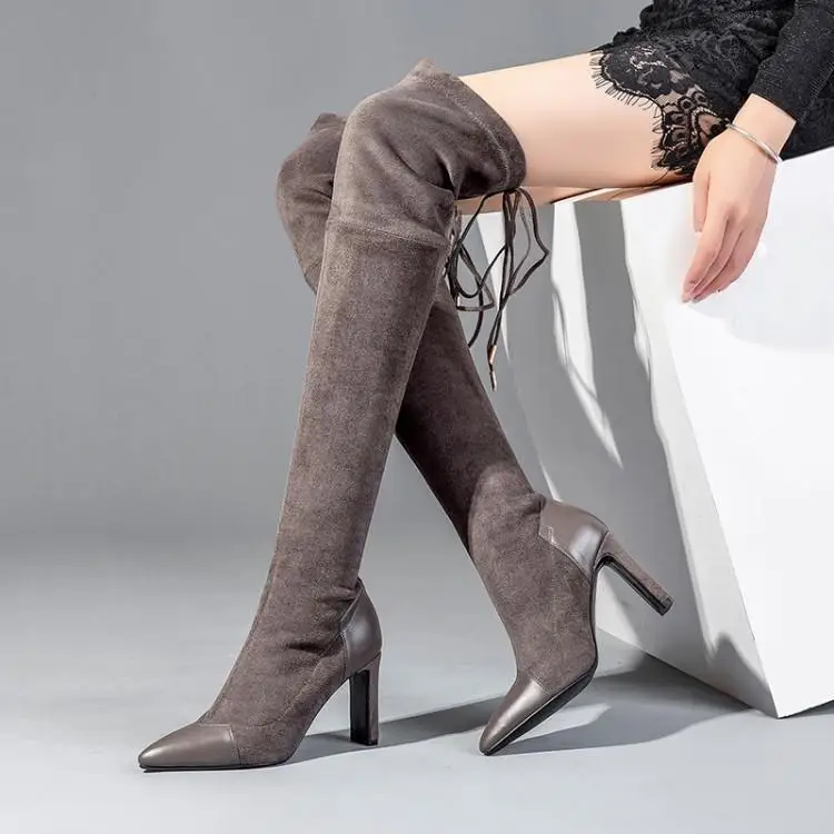 2019 с острым носком на толстом каблуке сапоги до колена большой размер Эластичный