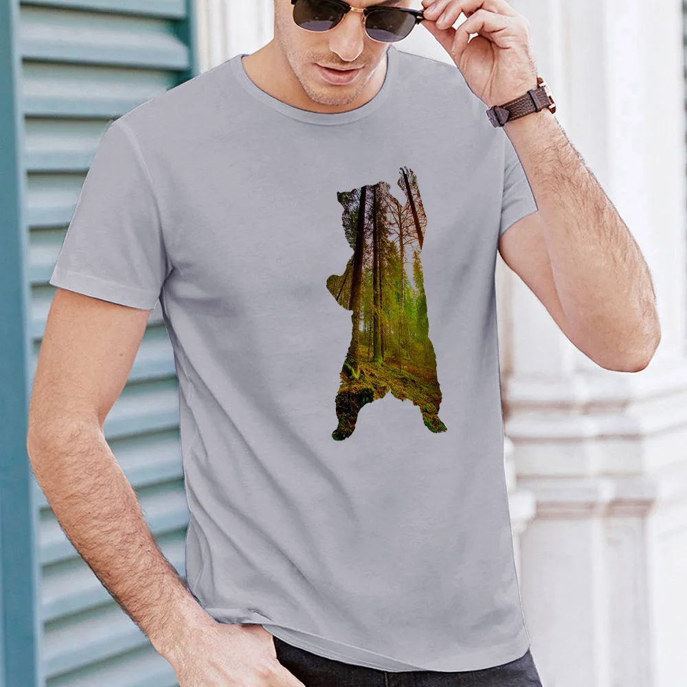 

Summer T Shirts Men 100% Cotton Basic Retro Casual Short Sleeve Print Graphic Tees Funny Forest Bear Customized White Tshirt