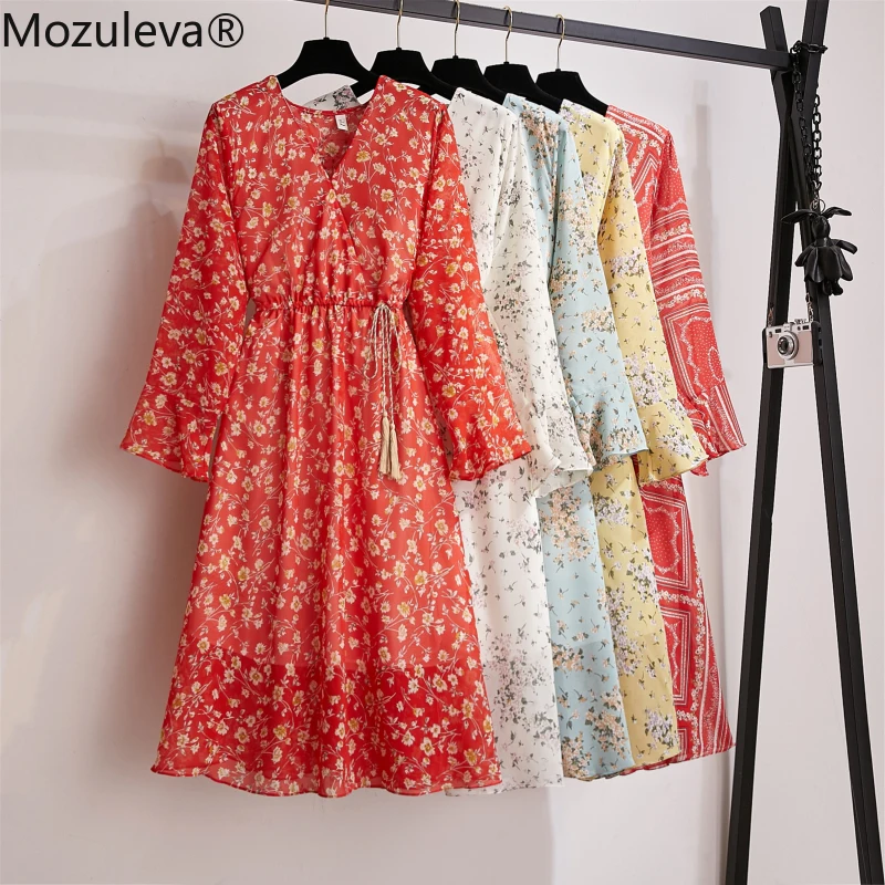 Женское богемное шифоновое платье Mozuleva ТРАПЕЦИЕВИДНОЕ с бантом и цветочным