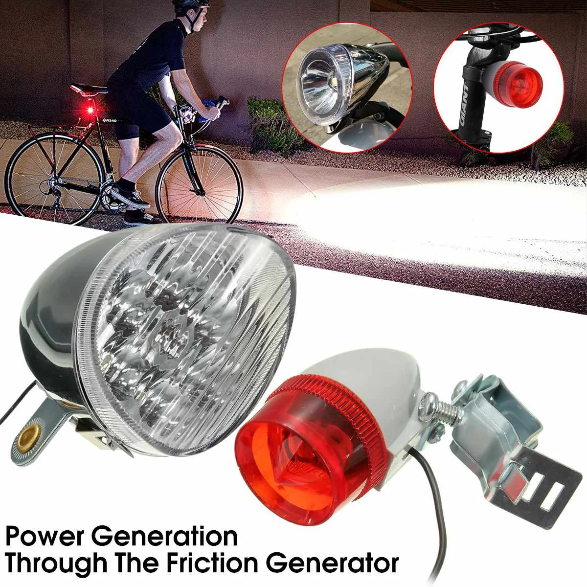 

New Arrival Friction Generator Motorized 6V 3W Night Cycling Bicycle LED Headlight Bike Tail Rear Light Kit for Outdoor Sports