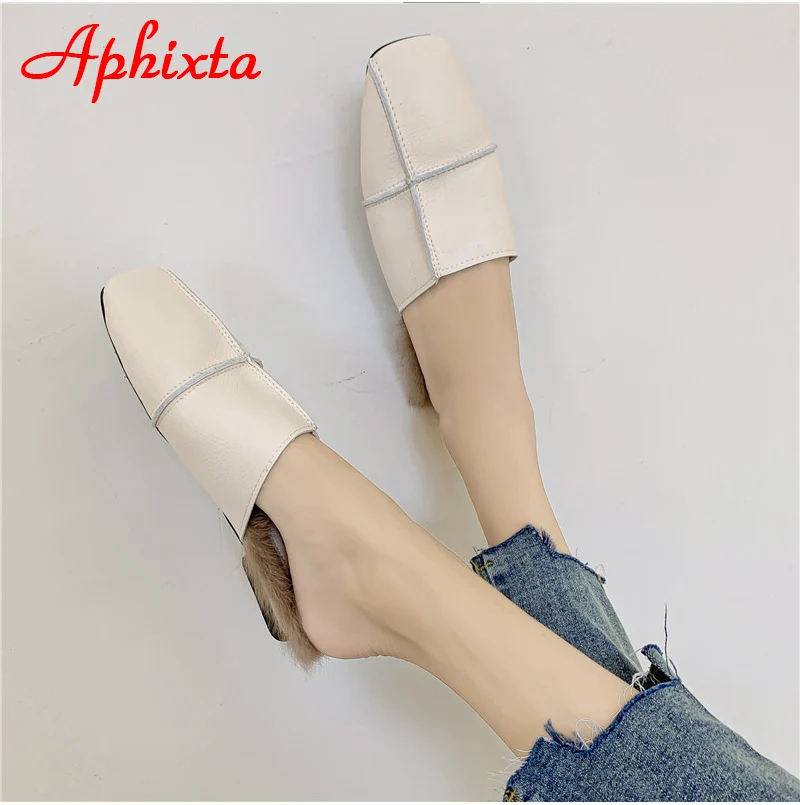 Aphixta/зимние теплые женские шлепанцы с натуральным кроличьим мехом; женские пушистые тапочки; женские шлепанцы на плоской подошве с квадратным носком