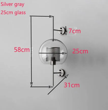 Silver 25cm Промышленный стиль, настенный светильник для гостиной, 20 см, 25 см, прозрачный стеклянный абажур, ретро креативное настенное освещение в стиле лофт, для прохода, лестницы, спальни - Цвет абажура: Silver 25cm