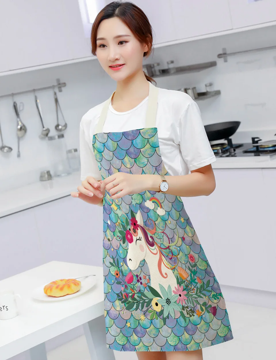 

Unicorn Printed Kitchen Cooking Aprons For Women Chef Baking Bibs Cotton Linen Pinafore Oil-proof Cleaning Apron Delantal Cocina