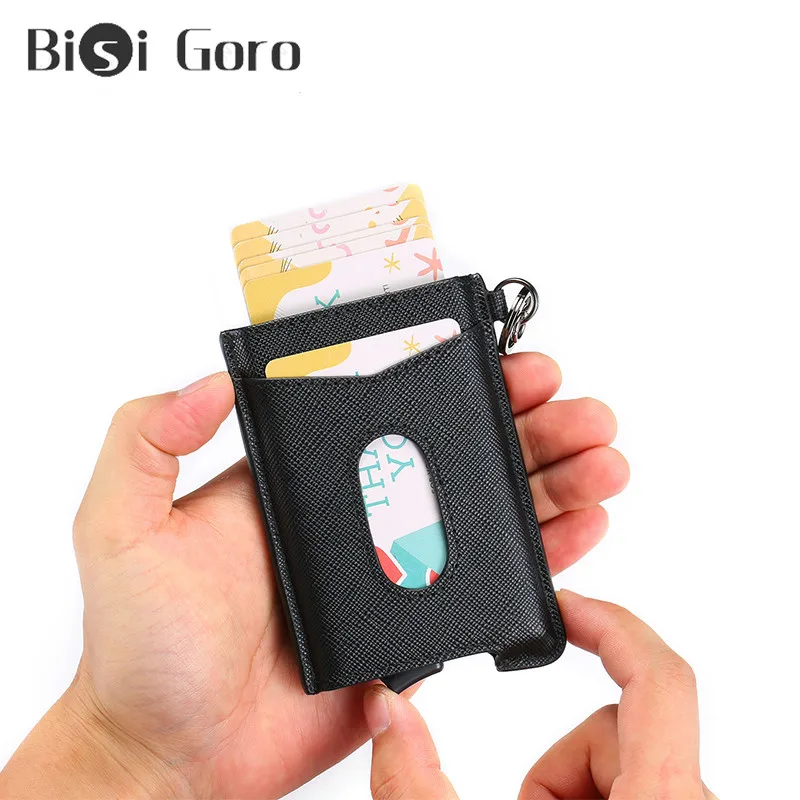 

BISI GORO 2021 Cowhide Fashion RFID Smart Wallet Card Holder Slim Anti-theft Security Holders Aluminum Box Pup Up ID Card Case