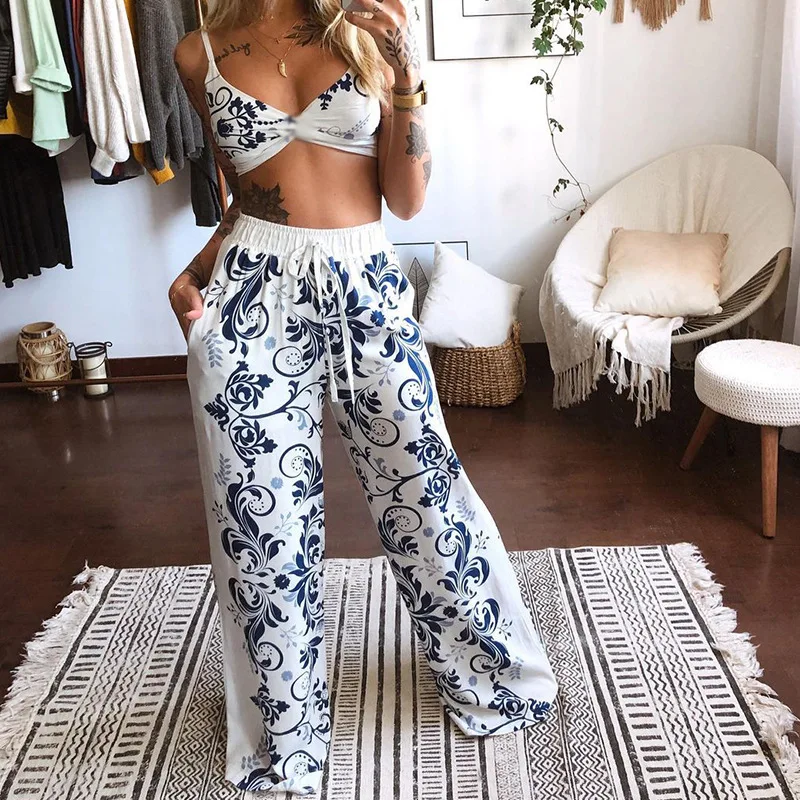 

Sexy cropped camisole top+wide leg pants matching sets for women bulk items wholesale lots 2021 summer party outfits for women