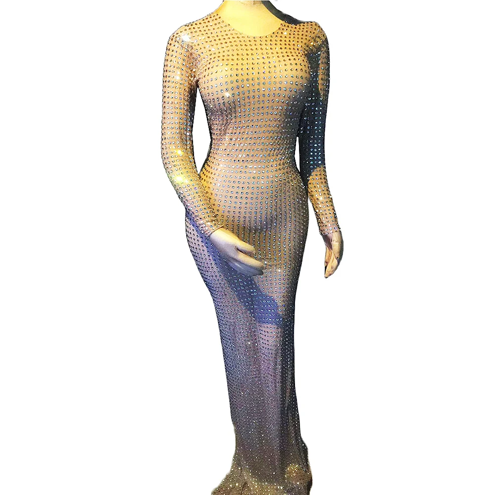 Сверкающие полные стразы пол-Длина платье длинным рукавом с открытыми плечами