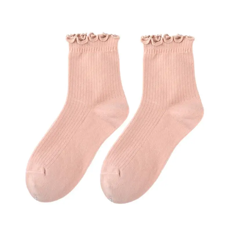 Lurex Cuff Cotton Socks for Women Warm Thick Solid Plain Crew Socks 9 Pairs Wrinkled Spring Winter Ankle Socks