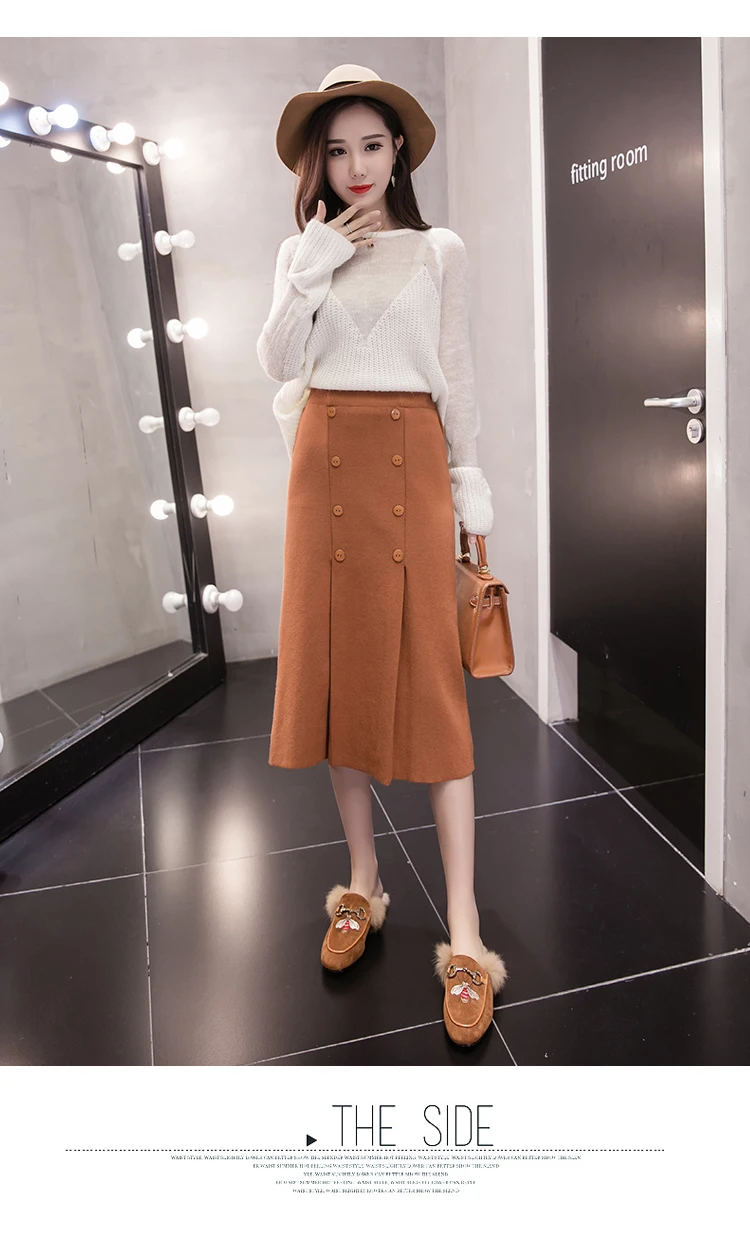 High Waist Stretch Knitted Skirt Women Elegant Double breasted Straight Long Skirts Female Autumn Winter Vintage Pleated Skirt