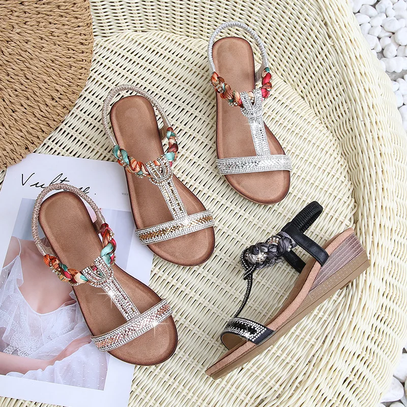 

New Women Roman Sandals 2020 Summer Fashion Bohemian Style Sexy Open Toe Ankle Crystal Beach Sandalias Shoes Plus Size