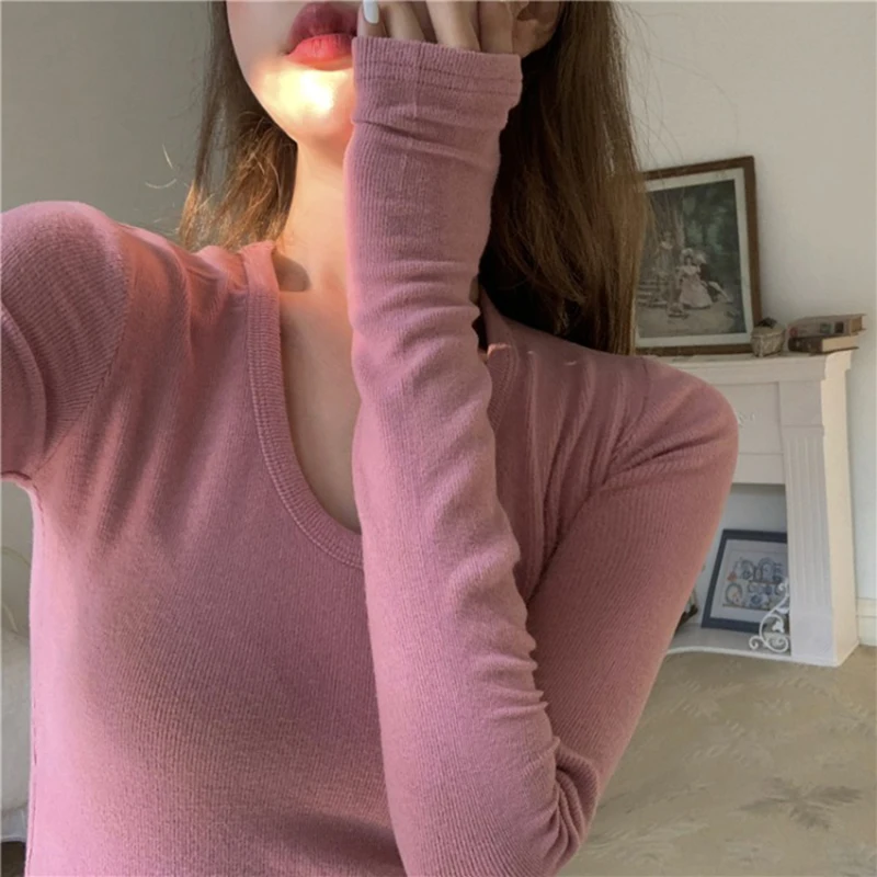 

y2kPink Square Collar Bottoming Sweater Women's Autumn Slim Fit Tight Long-Sleeved Pullover With 2021 New Style Top Shirt