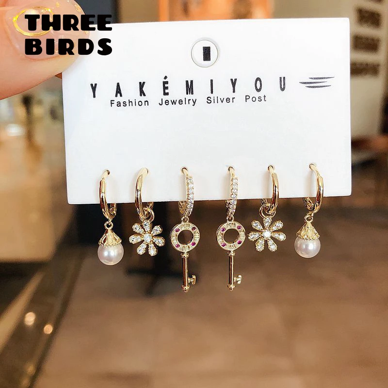 

SIPENGJEL Fashion Copper Inlaid Zircon Key And Flower Pearl Sets Hoop Earrings Sets For Women Gold Color 6-piece Earring Jewelry