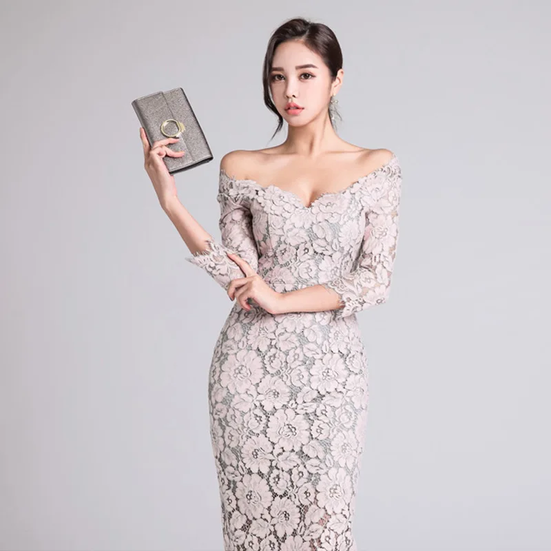 

BacklakeGirls 2019 Sexy V Neck 3/4 Sleeve Low Chest Tea-length Full Lace Dress Cheap Prom Dresses Vestidos De Gala Elegante