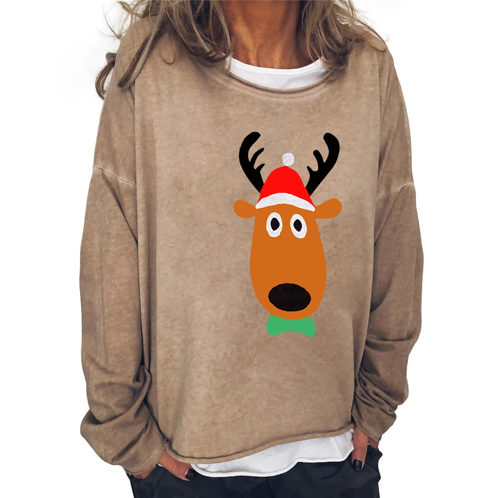 

Deer Printed Christmas Sweatshirts Ladies Winter Autumn Long Sleeve Casual Xmas Tops Holiday Women Clothes