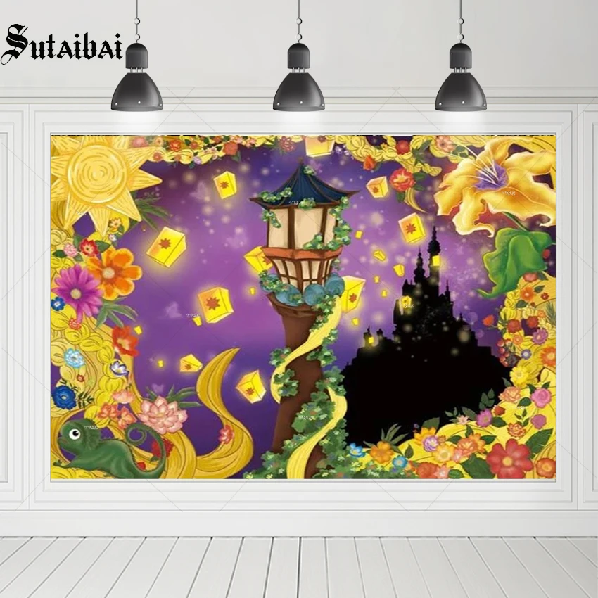 

Princess Birthday Purple Backdrop Night Fantasy Fairy Tale Castle Girl Party Supplies Golden Flower Decor Photo Booth Background