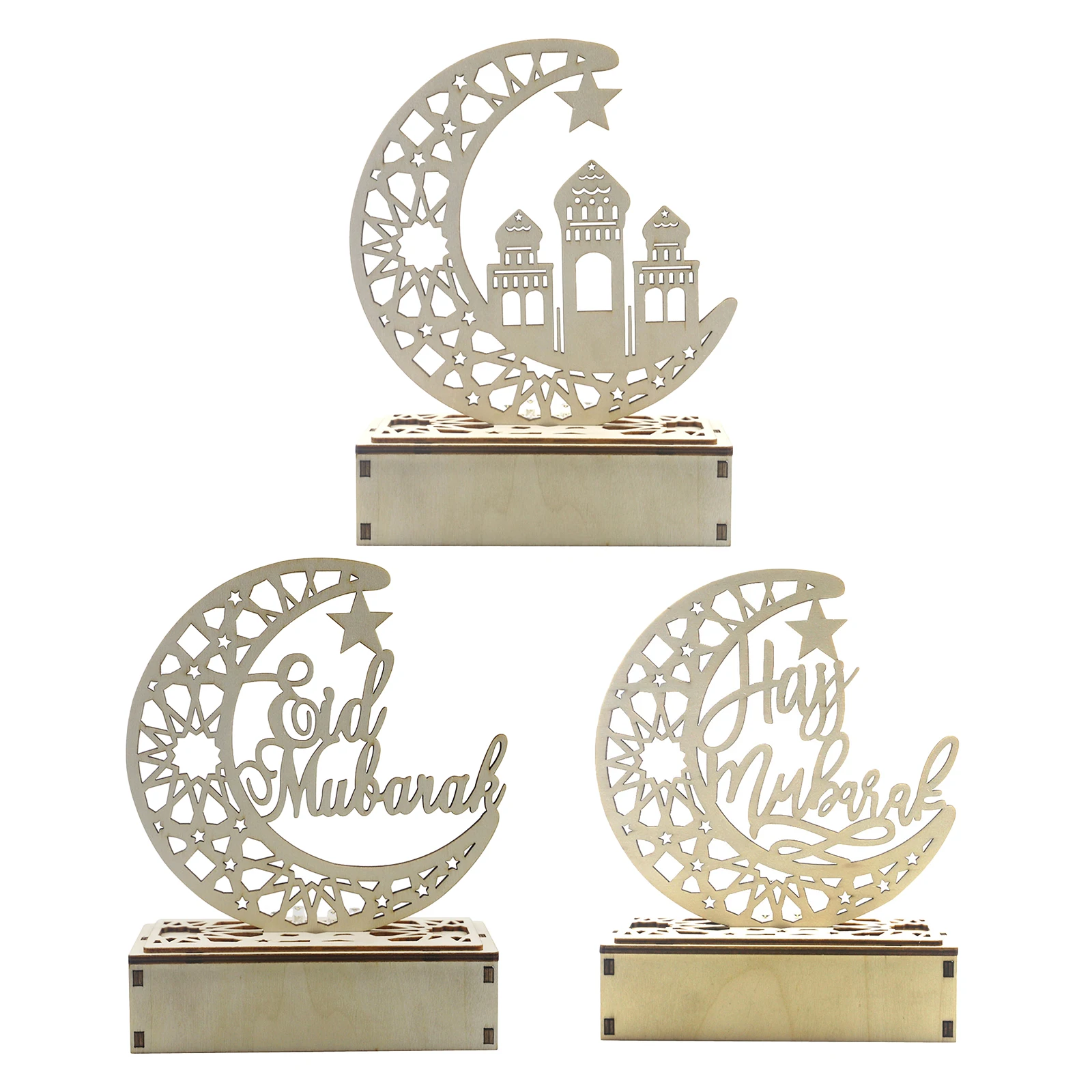 

Wooden Islam Moon Shape Eid Mubarak Ramadan Festival LED Light Decoration Home Bedside Night Lamp Warm White
