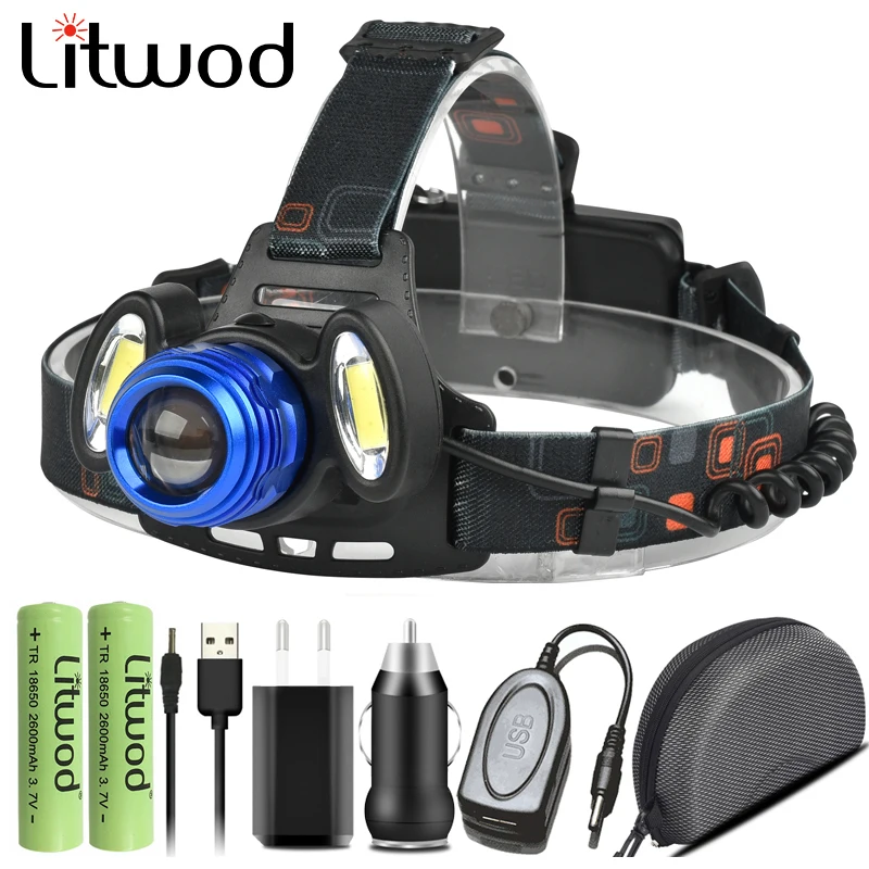 

Led Headlamp Camping Head Lamp Flashlight Torch XM-L T6 & 2* Cob Outdoor for Zoom Waterproof Usb Rechargeable 2x 18650 Battery