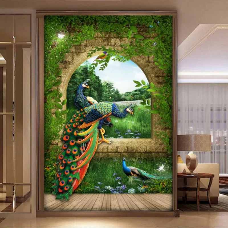 

Dropship Photo Wallpaper European Peacock Rome Column 3D Arch Entrance Aisle Custom Mural Living Room Mural Wallpapers
