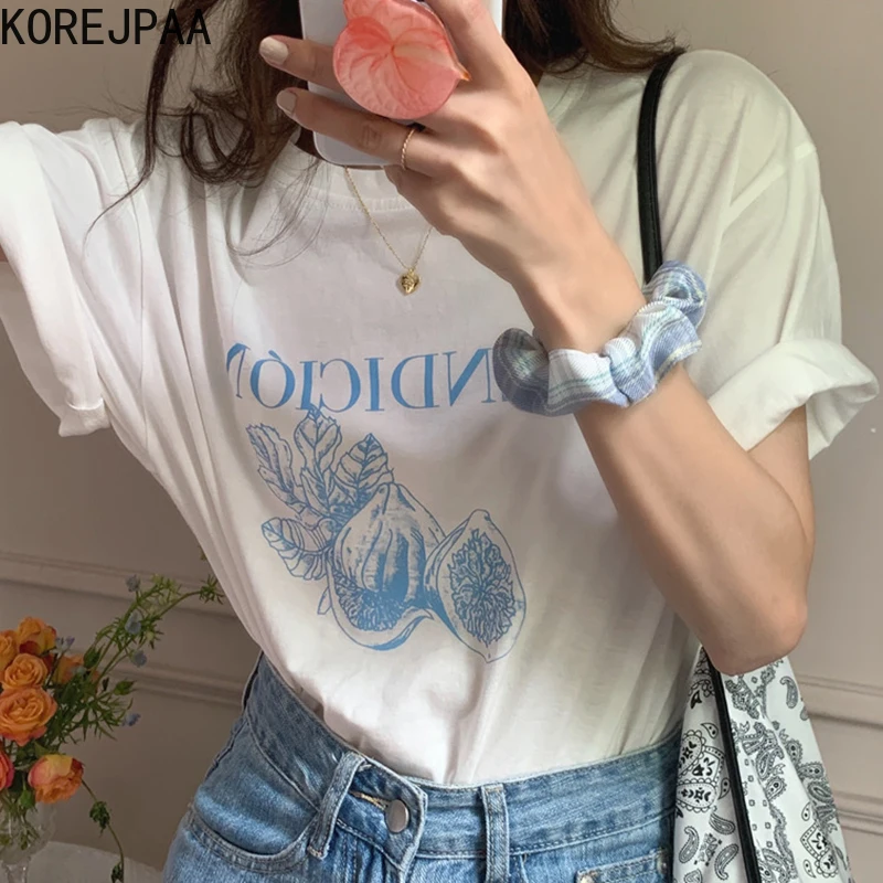 

Korejpaa Women T-Shirt 2021 Summer Girls Korean Simple Casual Round Neck Fig Letter Print Loose All-Match Short-Sleeved Pullover