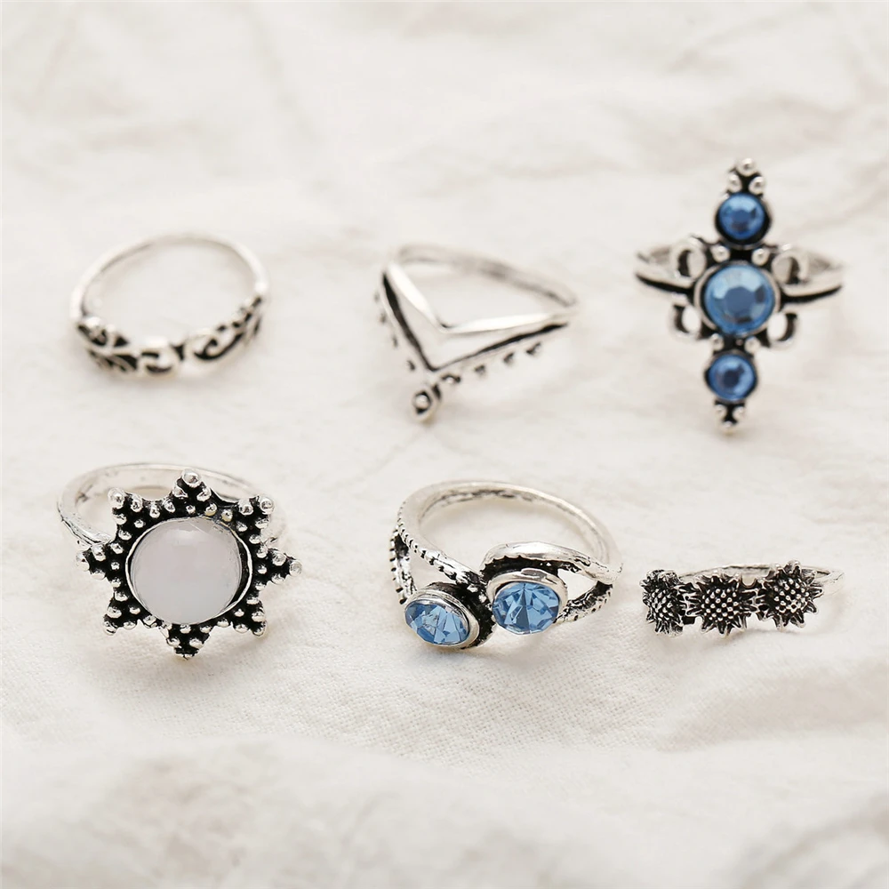 Винтажные наборы с синими кристаллами и цветами геометрические кольца от солнца