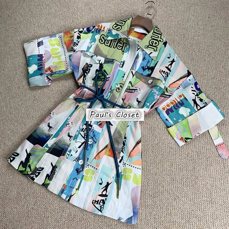 Женское праздничное льняное мини платье с принтом волны и серфинга LILYPAUL| |