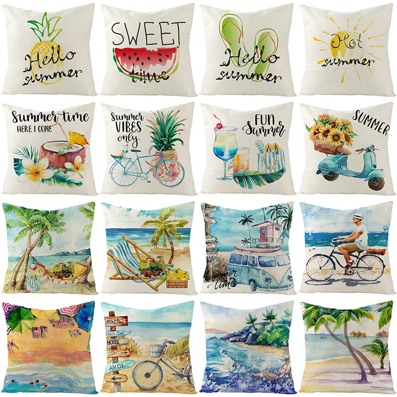 

2021 linen pillow cover summer fruit beach printing sofa cushion cover home decoration