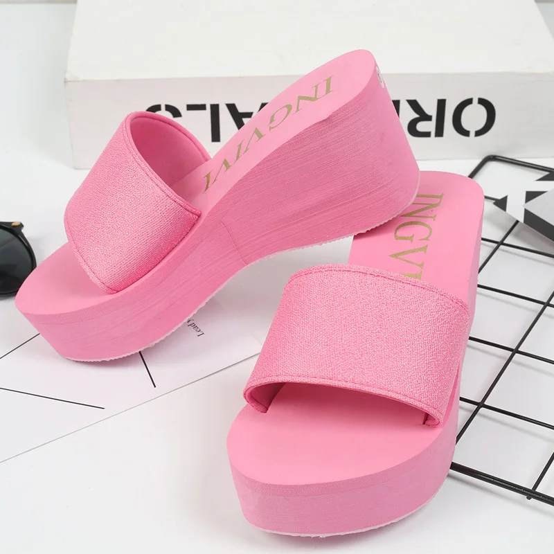 

Beige Heeled Sandals On A Wedge Shoes Woman 2021 Slippers For Swimming Pool Low Platform Pantofle Black Beach Soft High New PU S