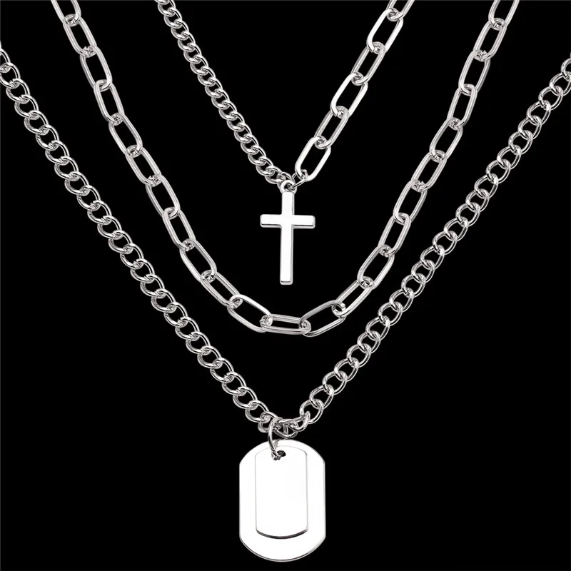 Крест ожерелье многослойное Панк Серебряная цветная цепочка для мужчин рок
